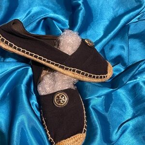 Tory Burch Black Canvas Espadrille Slip-Ons with Logo Medallion